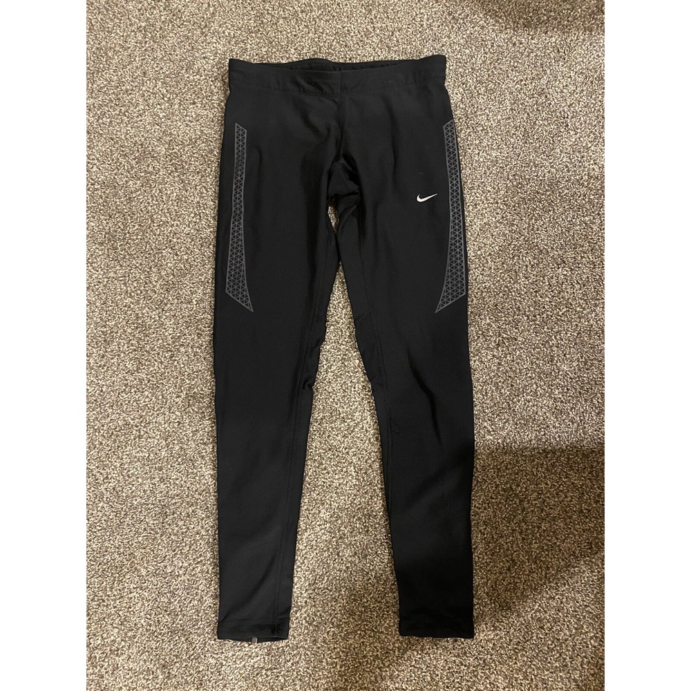 Nike Running Black Full Length Leggings Reflective Ankle Zip Women's Small